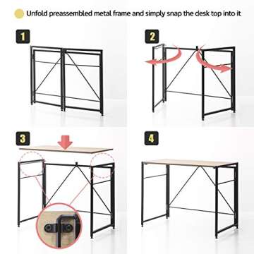 SOFSYS Modern Folding Computer Writing Desk for Small Space, Gaming, and Home Office Organization, Foldable Industrial Metal Frame with Sturdy Desktop for Students or Small Business, Oak/Black
