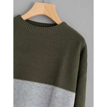 Milumia Women's Casual Drop Shoulder Color Block Striped Knitted Textured Jumper Sweater Green Medium