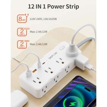DEPOW Power Strip Surge Protector, 5FT Braided Extension Cord with Multiple Outlets-8 AC Outlets 4 U...