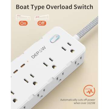 DEPOW Power Strip Surge Protector, 5FT Braided Extension Cord with Multiple Outlets-8 AC Outlets 4 USB Ports (2 USB C), Flag Plug Charging Station, 1700 Joule Surge Protection for Home Office, White