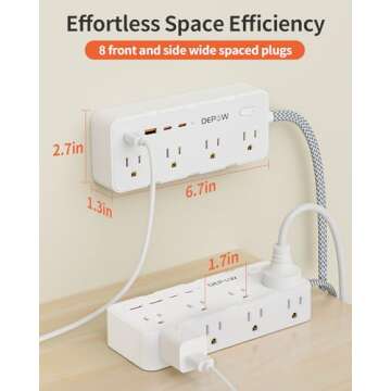 DEPOW Power Strip Surge Protector, 5FT Braided Extension Cord with Multiple Outlets-8 AC Outlets 4 USB Ports (2 USB C), Flag Plug Charging Station, 1700 Joule Surge Protection for Home Office, White