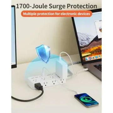 DEPOW Power Strip Surge Protector, 5FT Braided Extension Cord with Multiple Outlets-8 AC Outlets 4 USB Ports (2 USB C), Flag Plug Charging Station, 1700 Joule Surge Protection for Home Office, White