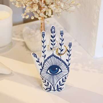 LZBALUYO Hamsa Ring Holder Aesthetic Room Decor, Hamsa Hand with Blue Evil Eye Boho Decor Ring Stand Ring Organizer, Preppy Room Decor for Bathroom Bedroom, Hamsa Gifts for Women Home Decor