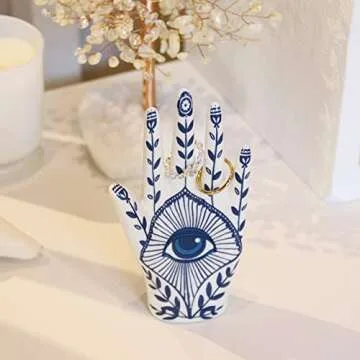 LZBALUYO Hamsa Ring Holder Aesthetic Room Decor, Hamsa Hand with Blue Evil Eye Boho Decor Ring Stand Ring Organizer, Preppy Room Decor for Bathroom Bedroom, Hamsa Gifts for Women Home Decor