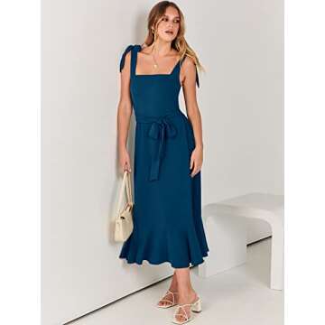 Caracilia Women's Square Neck Ruffle Split Midi Elegant Formal Wedding Guest Cocktail Bridesmaid Graduation Party Dresses Deep Blue Large