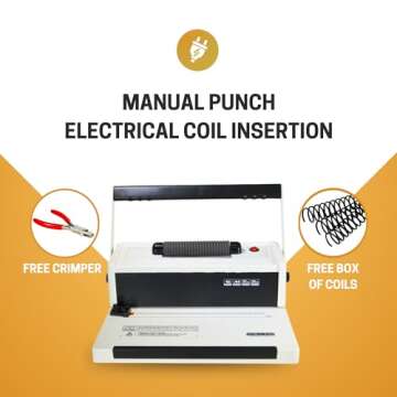 PPE S20 Coil Punch & Binding Machine - with Electric Coil Inserter - Professionally Bind Presentations and Documents - Free Crimper & 6mm Plastic COILS (Box of 100pcs), White