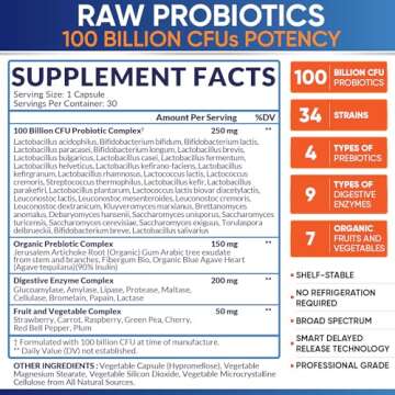 Organic Raw Probiotics 100 Billion CFU, Dr Formulated for Women and Men, Complete Adult Supplement with Prebiotics and Digestive Enzymes; 30 Capsules, Shelf Stable