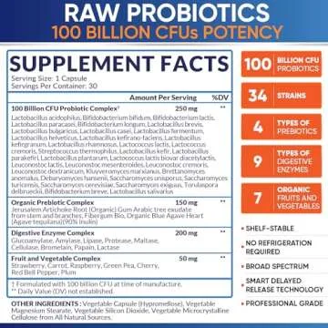 Organic Raw Probiotics 100 Billion CFU, Dr Formulated for Women and Men, Complete Adult Supplement with Prebiotics and Digestive Enzymes; 30 Capsules, Shelf Stable