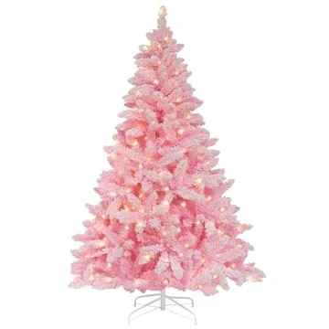 MUPATER 6ft Snow Flocked Christmas Tree Pre-lit, Pink Christmas Flocked Tree with Lights, Artificial...