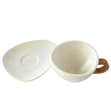 Tableware White Porcelain 5.5 Ounce Coffee Mug Set of 4 Wooden Handle with Saucer Ceramic Tea Cup