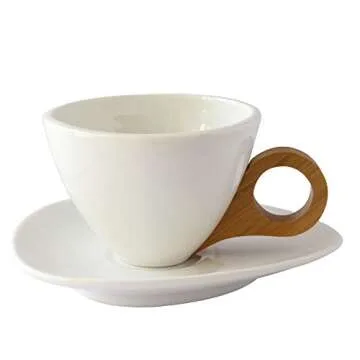 Tableware White Porcelain 5.5 Ounce Coffee Mug Set of 4 Wooden Handle with Saucer Ceramic Tea Cup