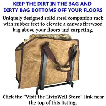 LivinWell Firewood Carrier Log Tote Bag Stands Up for Easy Wood Loading Large Heavy Duty Waxed Canvas Optional Metal Rack for Fireplace Storage Carry Basket with Closed Ends