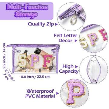 AsodSway Preppy Patch SPF Clear Cosmetic Bag SPF Varsity Letter Toiletry Bag Waterproof PVC Cosmetic...