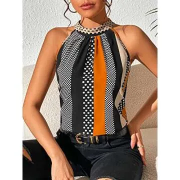 SOLY HUX Women's Summer Halter Tops Keyhole Polka Dots Blouses Striped Tank Top Casual Sleeveless Shirts Black Beige Multi S