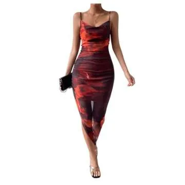 SOLY HUX Women's Tie Dye Cowl Neck Split Hem Bodycon Cami Dress Backless Long Dresses Multi Tie Dye S