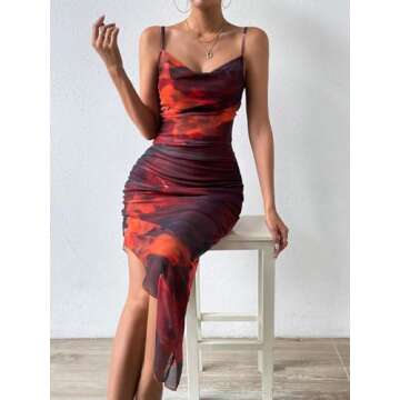 SOLY HUX Women's Tie Dye Cowl Neck Split Hem Bodycon Cami Dress Backless Long Dresses Multi Tie Dye S