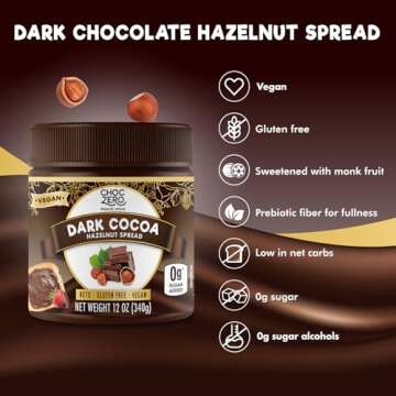 Vegan Cocoa Hazelnut Spread by ChocZero - Keto Friendly, Sugar Free Dessert and Keto Bread Topping - Low Carb Chocolate (1 jar, 12 oz)