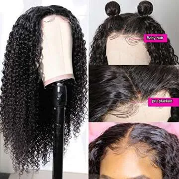 24 Inch Lace Front Wigs T-part Human Hair Wigs Middle Part Curly Wave Lace Front Wigs for Black Women 150% Density Brazilian Virgin Human Hair Kinky Curly Lace Front Wig with Baby Hair Natural Color