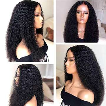 24 Inch Lace Front Wigs T-part Human Hair Wigs Middle Part Curly Wave Lace Front Wigs for Black Women 150% Density Brazilian Virgin Human Hair Kinky Curly Lace Front Wig with Baby Hair Natural Color