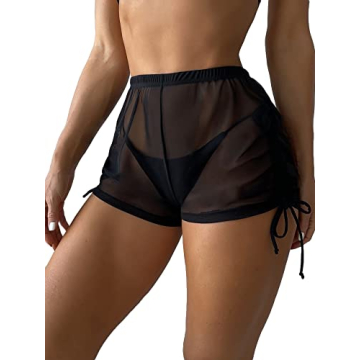 Falainetee Women's Sheer Beach Cover Up Shorts Black