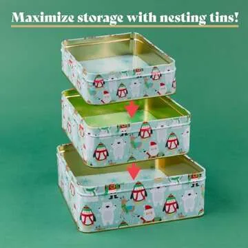 Plum Designs 3 Christmas Cookie Tins- Christmas Cookie Tins with Lids for Gift Giving, Christmas Tins Holiday Cookie Boxes, Christmas Tins for Cookies and Gifts (Joyous Christmas Tins)
