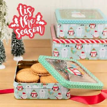 Plum Designs 3 Christmas Cookie Tins- Christmas Cookie Tins with Lids for Gift Giving, Christmas Tins Holiday Cookie Boxes, Christmas Tins for Cookies and Gifts (Joyous Christmas Tins)