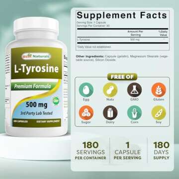 Best Naturals L-Tyrosine 500 Mg 180 Capsules - Supports Mental Alertness, Energy, Focus, Healthy Gla...