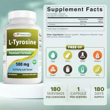 Best Naturals L-Tyrosine 500 Mg 180 Capsules - Supports Mental Alertness, Energy, Focus, Healthy Gla...