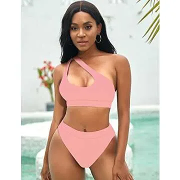 NAFLEAP One Shoulder Cutout Pink Bikini Set for Women High Waisted Bottom Swimsuit Two Piece Bathing...