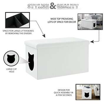 Designer Cat Litter Box Enclosure Hidden Washroom Bench Ottoman (White)