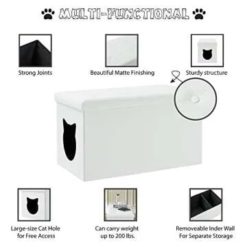 Designer Cat Litter Box Enclosure Hidden Washroom Bench Ottoman (White)