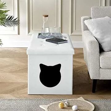 Designer Cat Litter Box Enclosure Hidden Washroom Bench Ottoman (White)