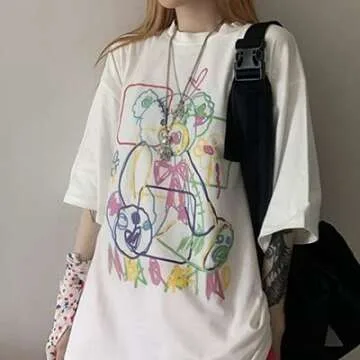Women Summer Gothic T-shirt Anime Aesthetic Print Harajuku Fashion Casual Tops (White, S)