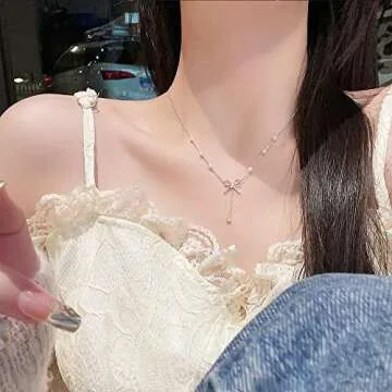 Elegant Bowknot Y Necklace with Pearl and CZ Charms