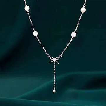 Elegant Bowknot Y Necklace with Pearl and CZ Charms
