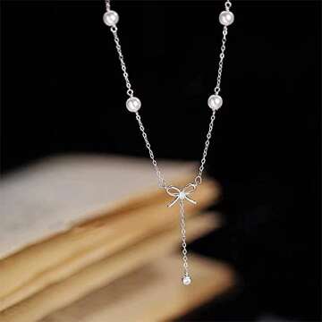 Elegant Bowknot Y Necklace with Pearl and CZ Charms
