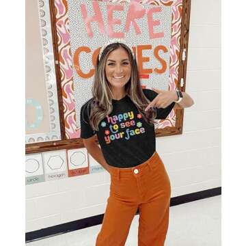 MOUSYA Teacher Shirts for Women - Happy to See Your Face Groovy Tee