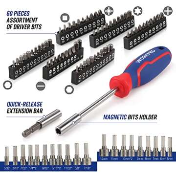 WORKPRO Mechanics Tools Kit and Socket Set, 192-Piece, SAE&Metric, 1/2'', 1/4'', 3/8'' Drive Socket Ratchet Wrench Set with Molded Case