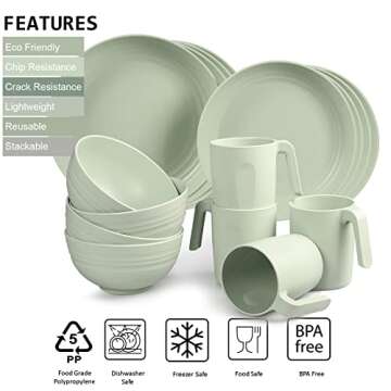Shopwithgreen Plastic Dinnerware Sets (16PCS) - Lightweight & Unbreakable Dinnerware Set - Microwave Safe Plates Set, Bowls, Cups Mugs, Service for 4, Great for Kids & Adult