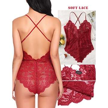 Avidlove Women Red Lingerie One Piece Babydoll Mini Bodysuit Dark Red
