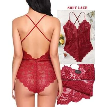 Avidlove Women Red Lingerie One Piece Babydoll Mini Bodysuit Dark Red