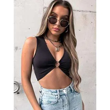 Women Sexy Y2k Black Crop Top Corset Like Going Out Top Deep V Neck Sleeveless Workout Rave Festival Party Top Bra Cowgirl Costume Country Concert Outfits Black M