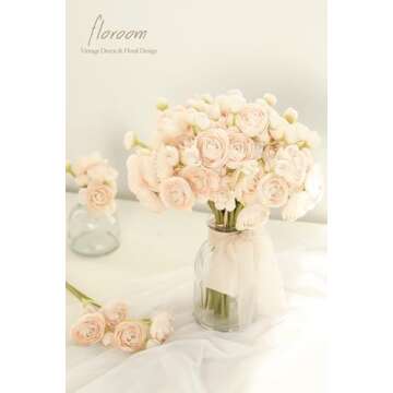 Floroom Ranunculus Artificial Flowers 18 Pcs Champagne Faux Silk Mini Ranunculus Bulk Fake Wedding F...