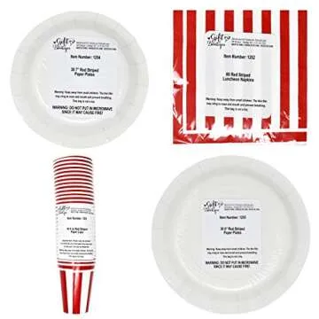 Gift Boutique 120 Pcs Red & White Stripes Party Supplies Set Paper Plate Cup Napkin for Carnival Picnic Barbecue Circus BBQ Birthday Disposable Dinnerware Serves 30