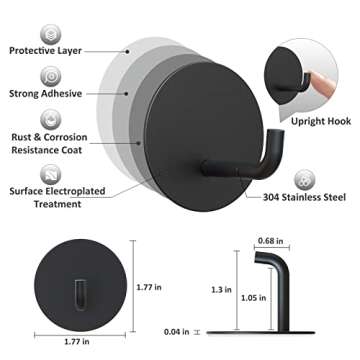 VIS'V Adhesive Hooks, Black Round Self Adhesive Wall Hooks Small Stick on Hooks Waterproof Heavy Duty Stainless Steel Shower Sticky Towel Hooks for Bathroom Kitchen Livingroom Camper 4 Pcs