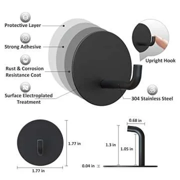 VIS'V Adhesive Hooks, Black Round Self Adhesive Wall Hooks Small Stick on Hooks Waterproof Heavy Duty Stainless Steel Shower Sticky Towel Hooks for Bathroom Kitchen Livingroom Camper 4 Pcs