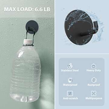 VIS'V Adhesive Hooks, Black Round Self Adhesive Wall Hooks Small Stick on Hooks Waterproof Heavy Duty Stainless Steel Shower Sticky Towel Hooks for Bathroom Kitchen Livingroom Camper 4 Pcs