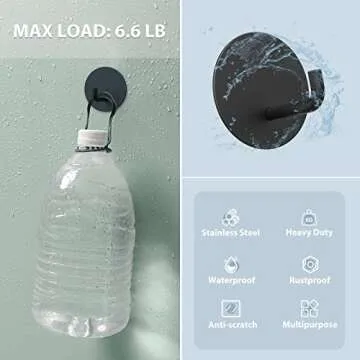 VIS'V Adhesive Hooks, Black Round Self Adhesive Wall Hooks Small Stick on Hooks Waterproof Heavy Duty Stainless Steel Shower Sticky Towel Hooks for Bathroom Kitchen Livingroom Camper 4 Pcs