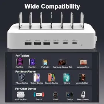 MSTJRY 90W 6-Port USB C Fast Charging Station for Multiple Devices, Multi PD Charger Station for iPhone iPad Tablet Phone, Charging Dock Organizer with Adjustable Dividers for Home Office Classroom