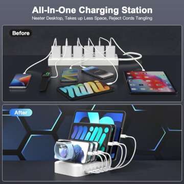 MSTJRY 90W 6-Port USB C Fast Charging Station for Multiple Devices, Multi PD Charger Station for iPhone iPad Tablet Phone, Charging Dock Organizer with Adjustable Dividers for Home Office Classroom